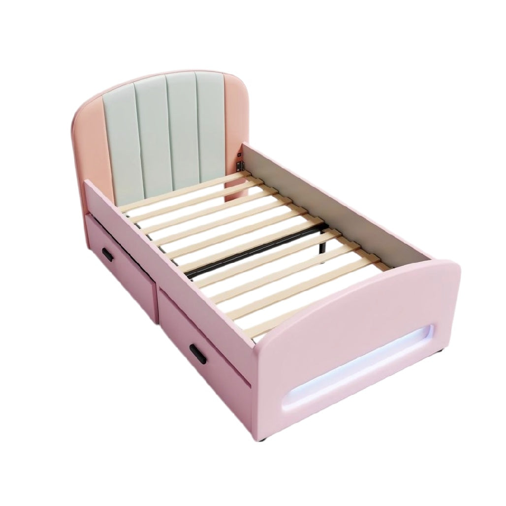 Modern Pink Kids' Bed with LED Lighting and Storage Drawers
